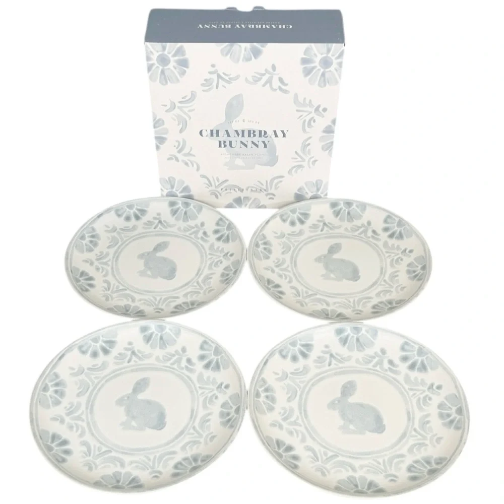 Pottery Barn Chambray Tile Bunny‎ Salad Plates 9 1/4” Set of 4 New in Box!